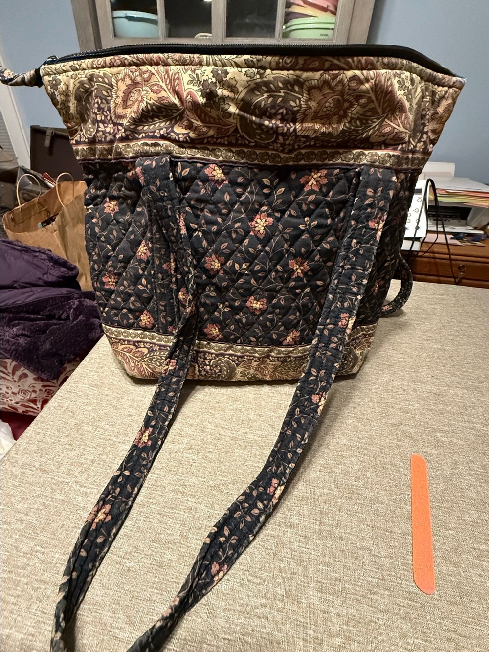 Vera Bradley Quilted Floral Shoulder Tote in Black and Brown Paisley